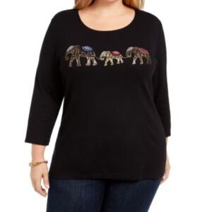 Karen Scott Size 3X Black 3/4 Sleeve T-shirt w/Embroidered Metallic Elephant’s